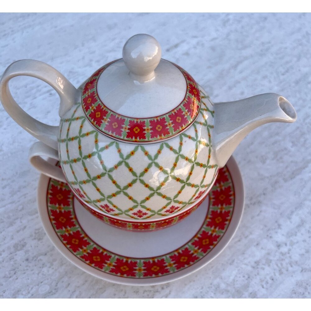Harry & David 3 Piece Teapot & Cup Set Ceramic Red & Green Floral Plaid - Picture 3 of 13
